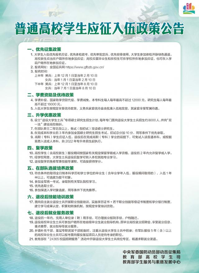 普通高校员工应征入伍政策公告